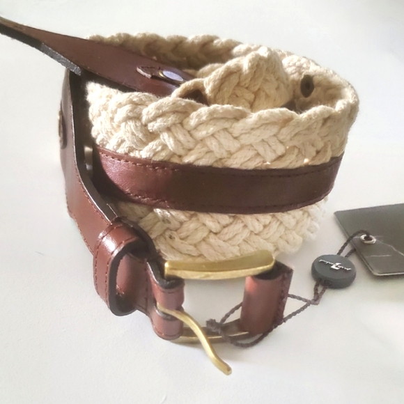 New $108 7 for all Mankind 7FAM WOMEN'S WOVEN BELT WITH COGNAC LEATHER L NWT - Picture 2 of 9
